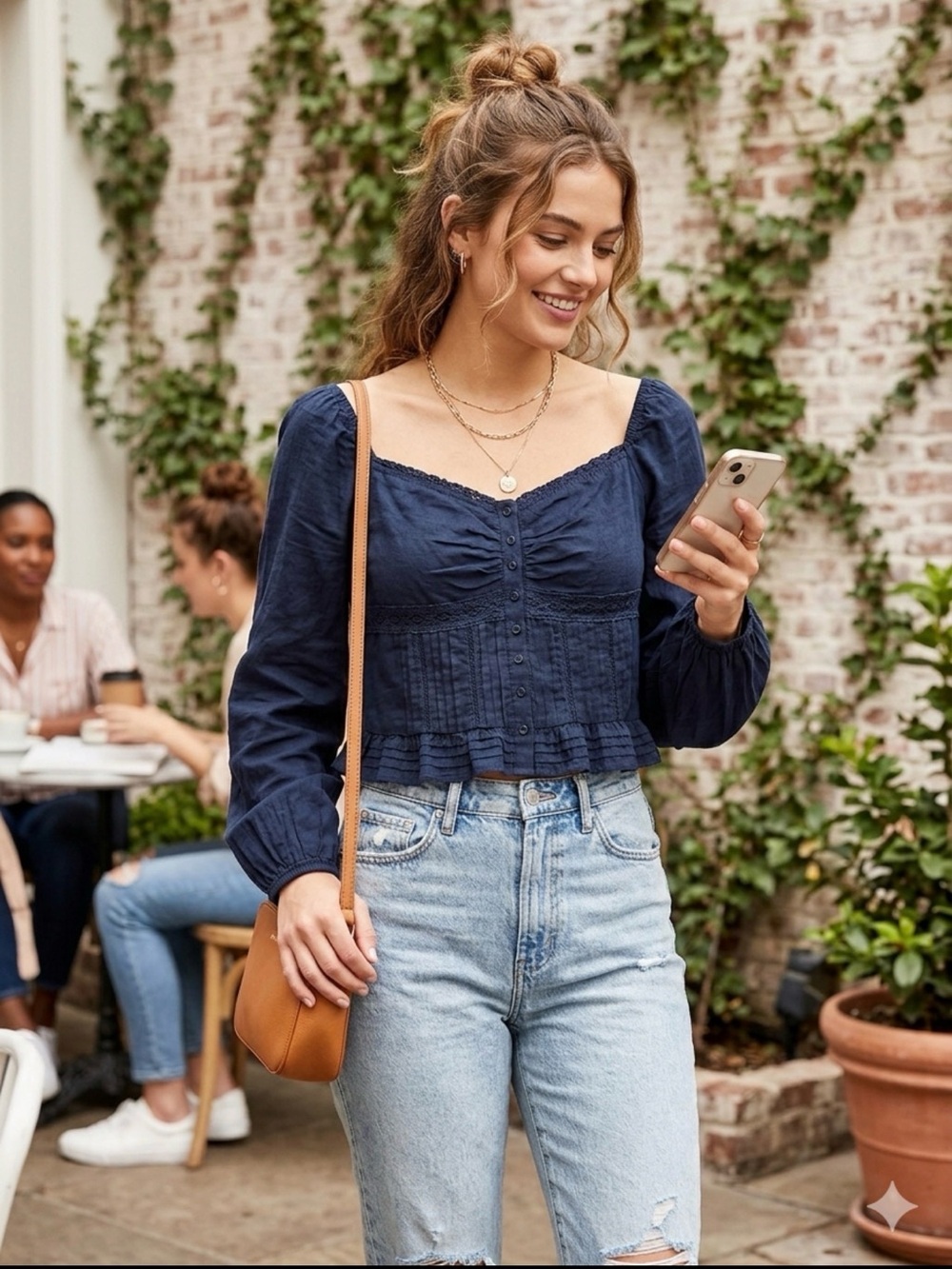 American Eagle Outfitters navy off-shoulder button-front blouse